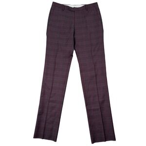 NEW Joseph Abboud JOE Mens 32 Unhemmed Burgundy Plaid 100% Wool Dress Pants Flex